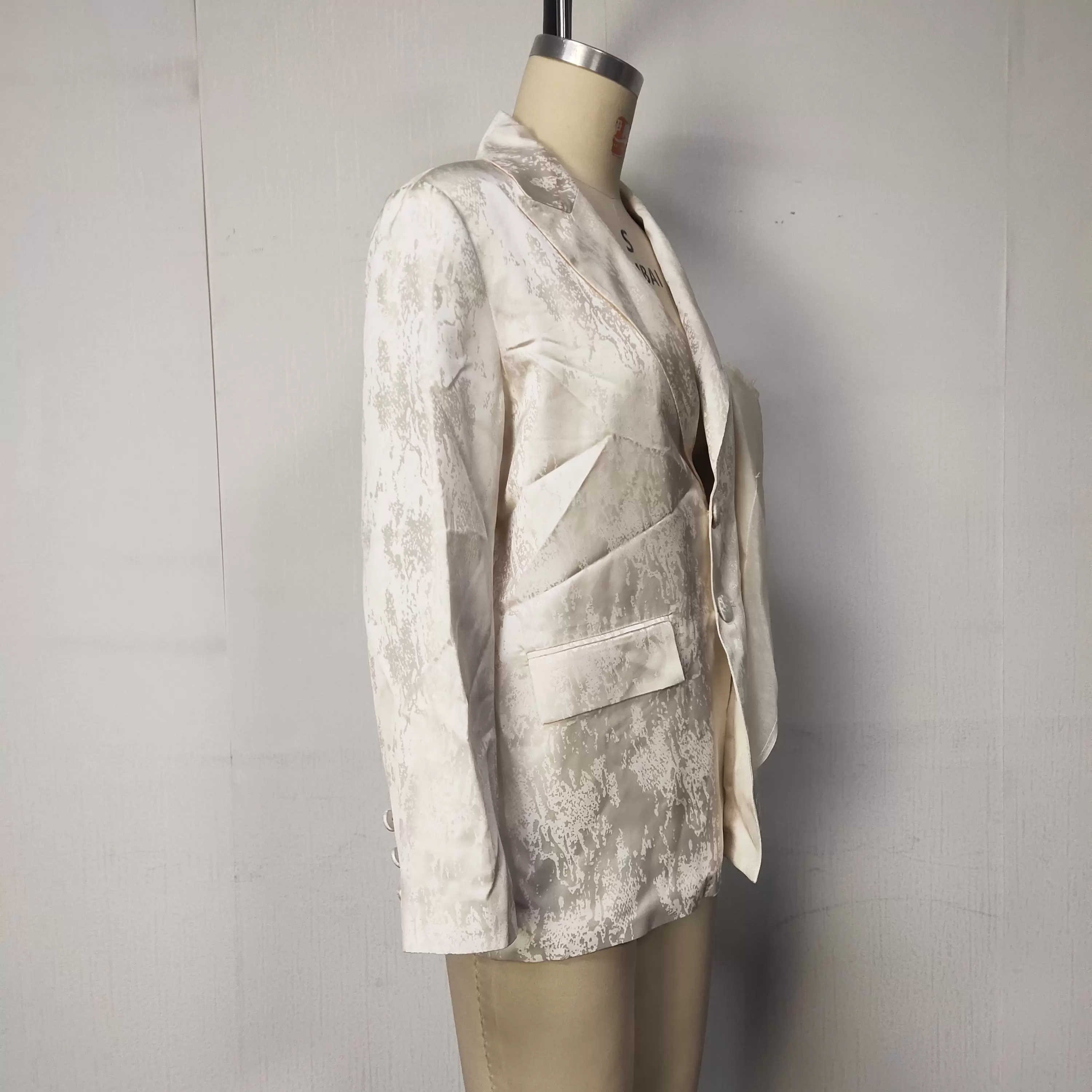 Women Beige Jacquard Blazer Slim Fit Long Sleeve V Neck Double Breasted Button Elegant Party Evening Jacket
