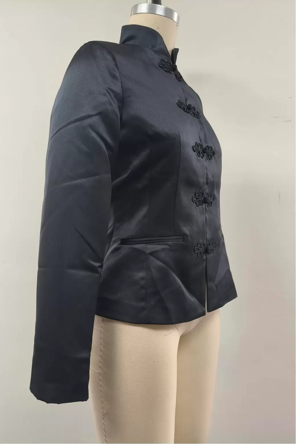 Women Black Double Breasted Satin Shawl Lapel Blazer Jacket Gold Buttons Flap Pockets Office Business Coat