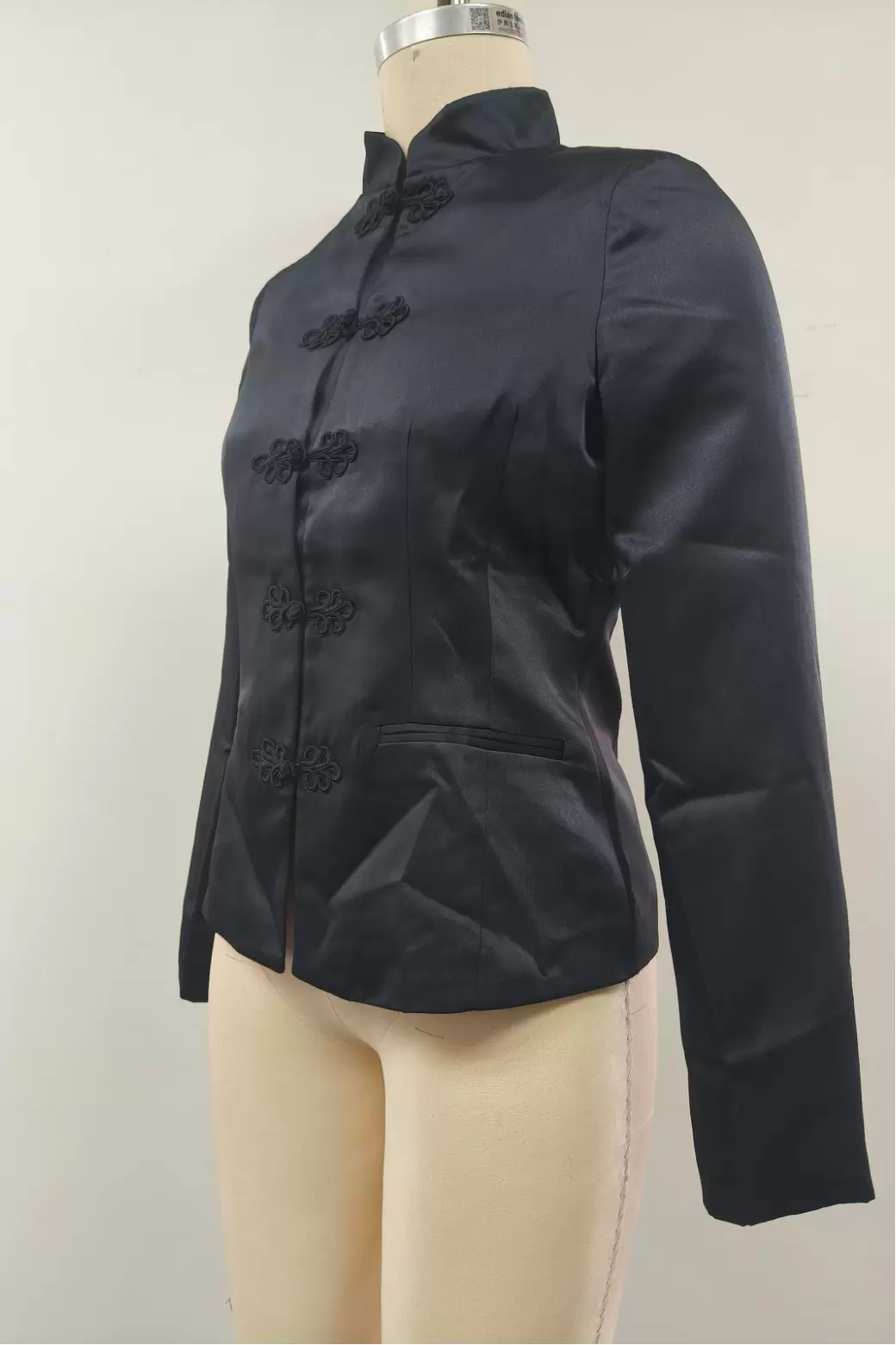 Women Black Double Breasted Satin Shawl Lapel Blazer Jacket Gold Buttons Flap Pockets Office Business Coat