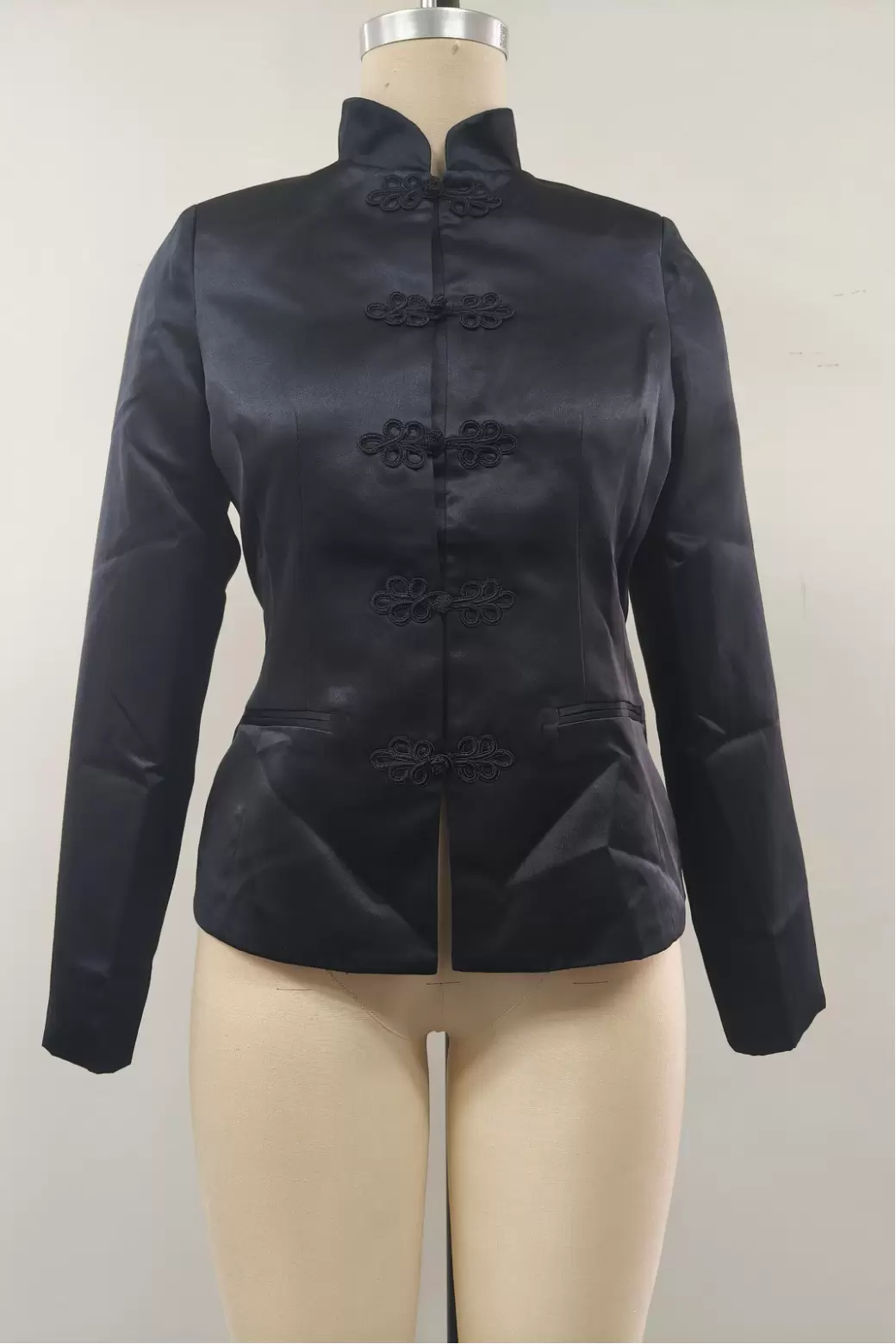 Women Black Double Breasted Satin Shawl Lapel Blazer Jacket Gold Buttons Flap Pockets Office Business Coat