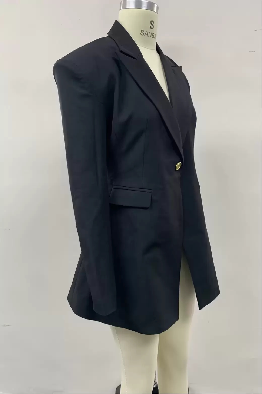 Women Black Long Blazer Jacket Single Gold Button Notched Lapel Padded Shoulder Flap Pockets Tailored Coat