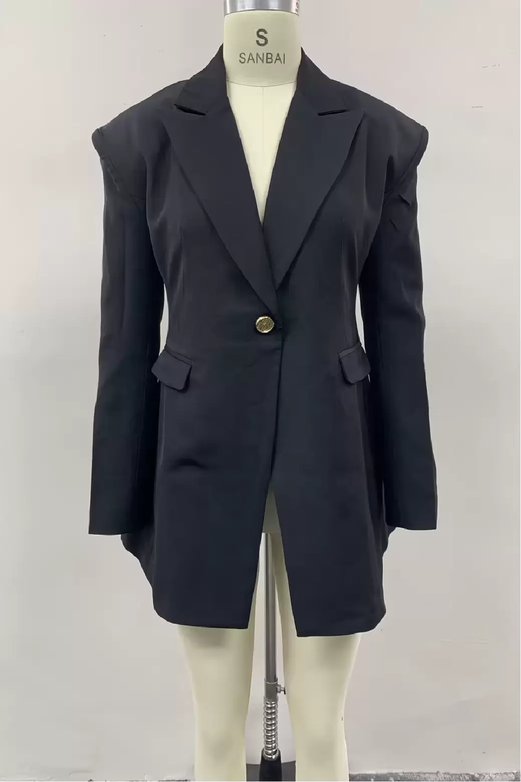 Women Black Long Blazer Jacket Single Gold Button Notched Lapel Padded Shoulder Flap Pockets Tailored Coat