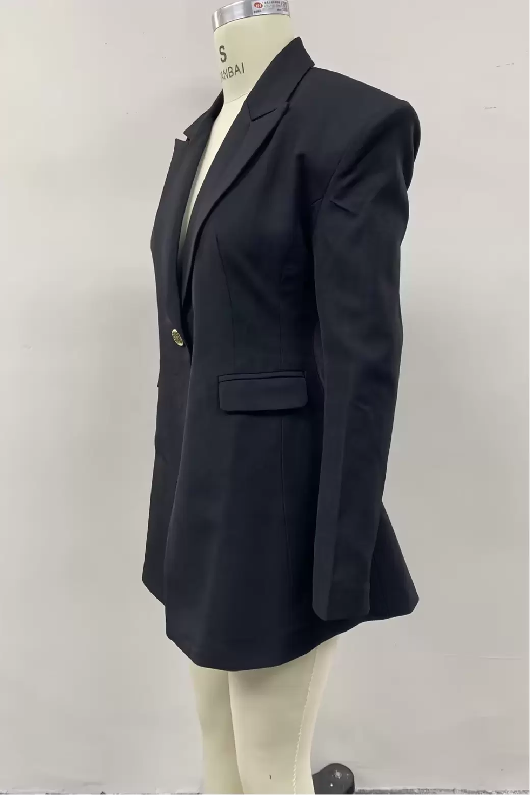 Women Black Long Blazer Jacket Single Gold Button Notched Lapel Padded Shoulder Flap Pockets Tailored Coat