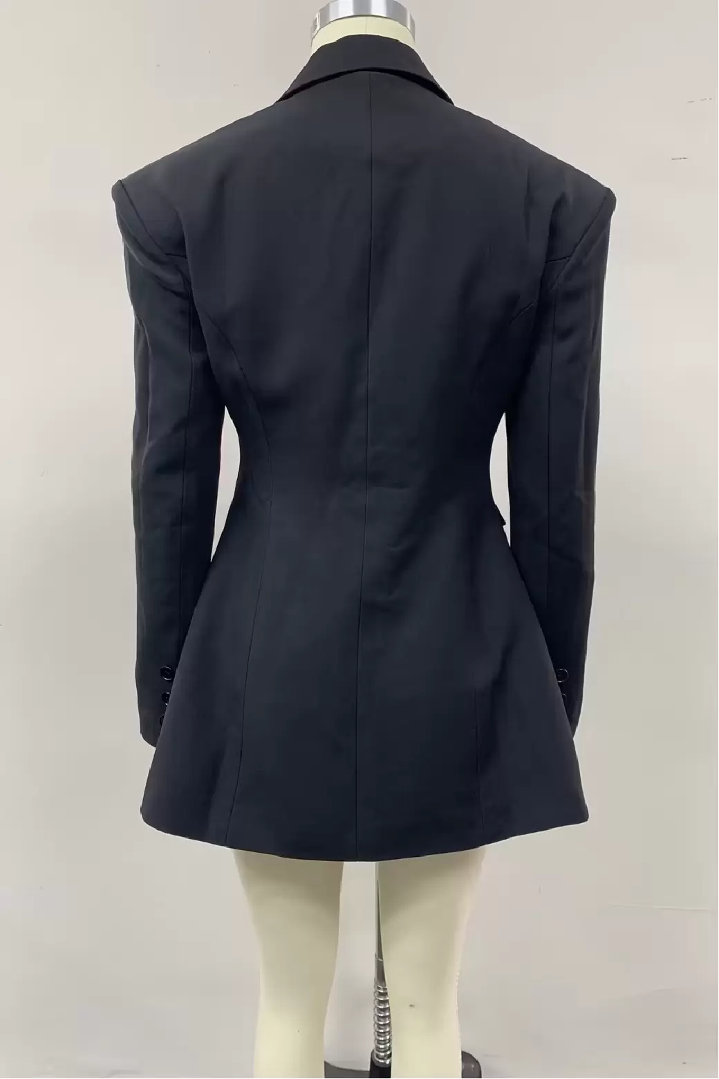 Women Black Long Blazer Jacket Single Gold Button Notched Lapel Padded Shoulder Flap Pockets Tailored Coat