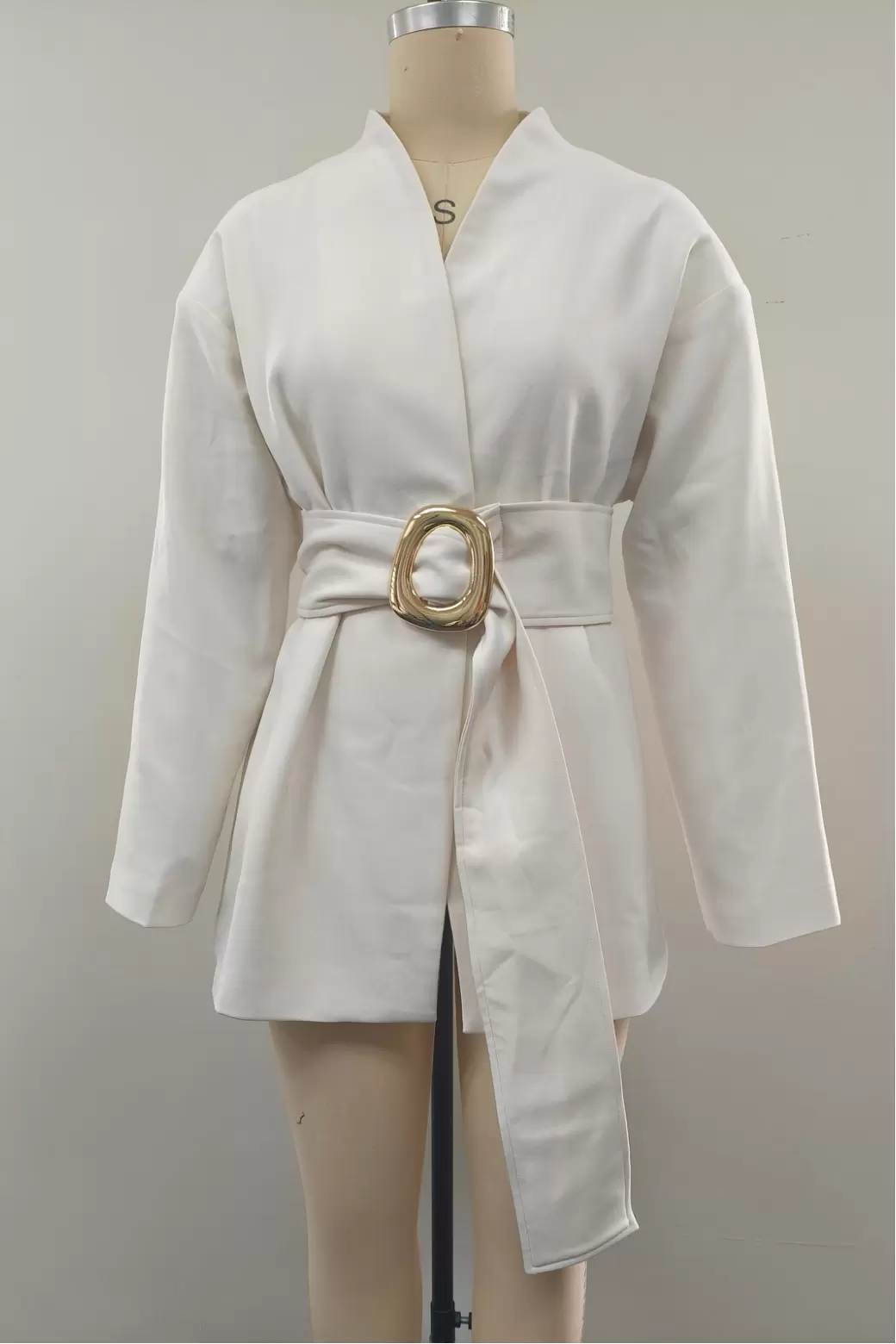 Women White Wrap Tie Belt Gold Buckle Long Sleeve V Neck Asymmetrical Fitted Short Blazer Jacket Coat