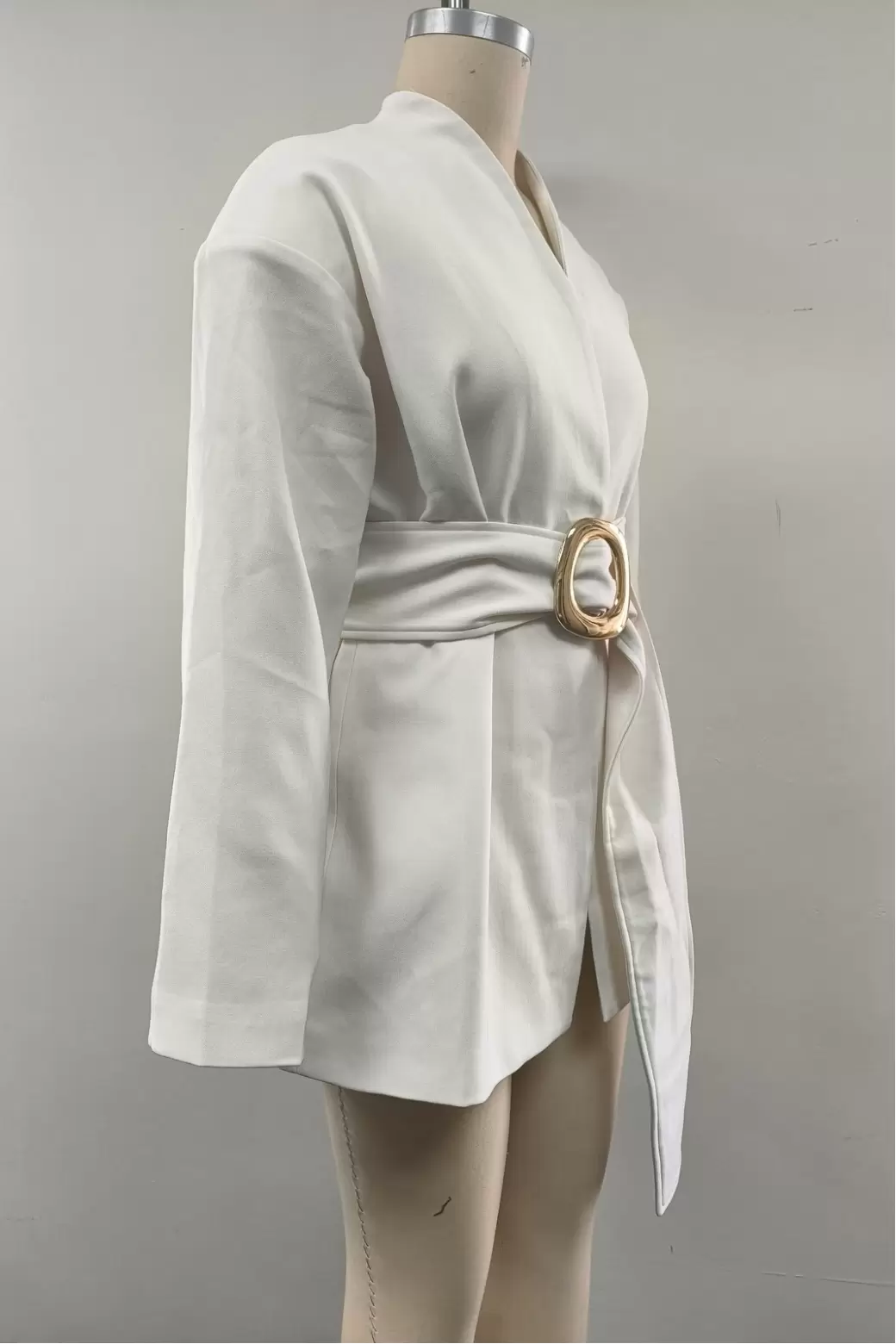 Women White Wrap Tie Belt Gold Buckle Long Sleeve V Neck Asymmetrical Fitted Short Blazer Jacket Coat