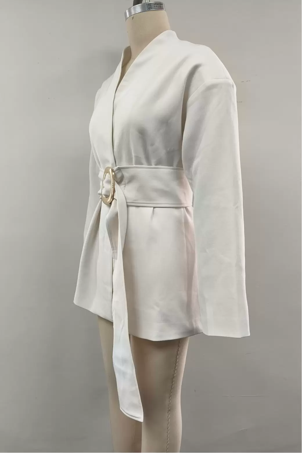 Women White Wrap Tie Belt Gold Buckle Long Sleeve V Neck Asymmetrical Fitted Short Blazer Jacket Coat