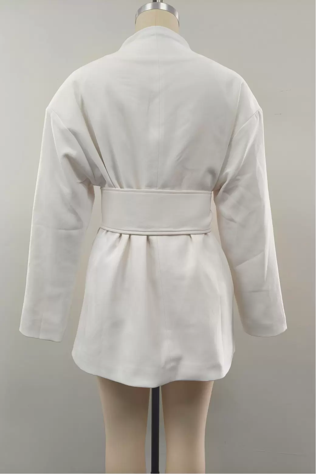 Women White Wrap Tie Belt Gold Buckle Long Sleeve V Neck Asymmetrical Fitted Short Blazer Jacket Coat