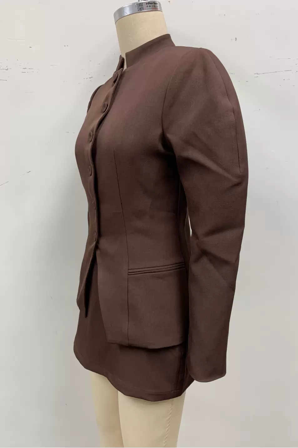 Women Brown Mandarin Collar Multi Button Fitted Cropped Blazer Jacket Long Sleeve Flap Pockets Short Skirt 2 Piece Set