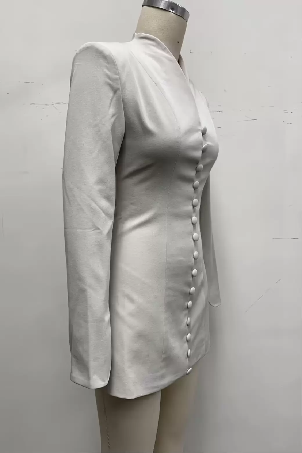 Women White Mandarin Collar Multi Button Fitted Long Sleeve Short Blazer Jacket Chinese Style