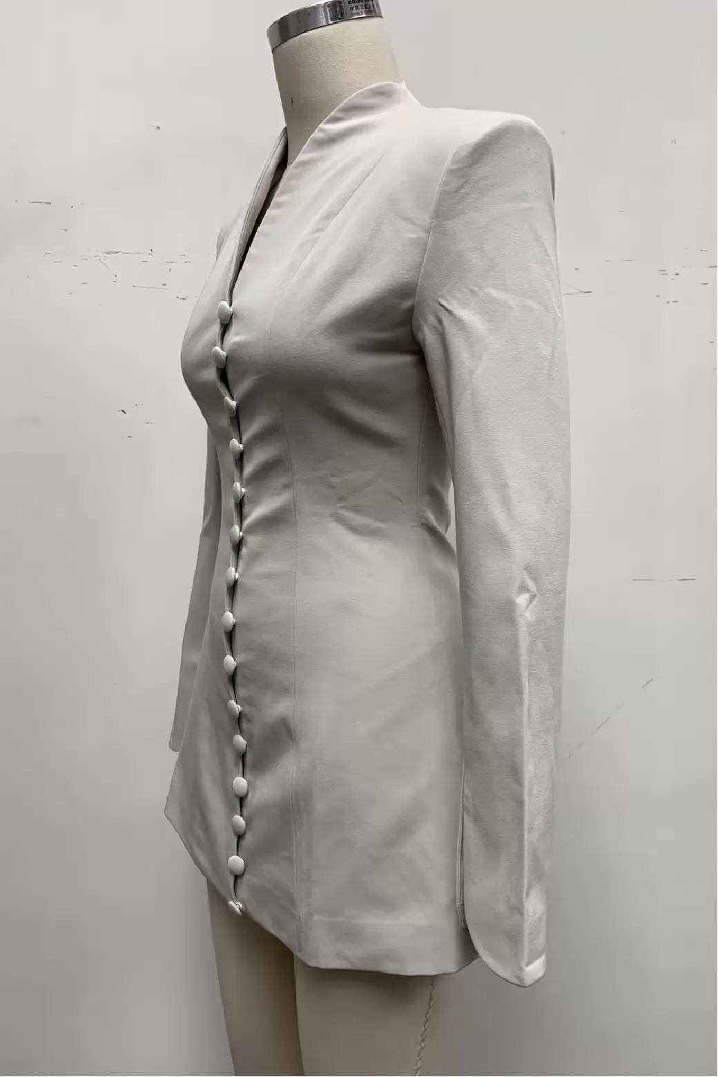 Women White Mandarin Collar Multi Button Fitted Long Sleeve Short Blazer Jacket Chinese Style