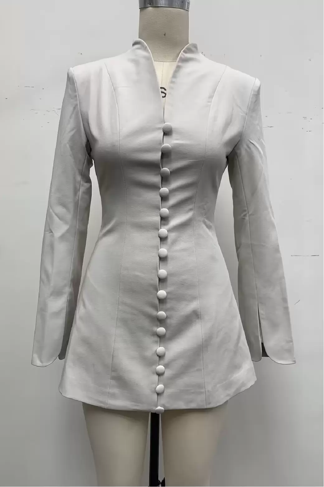 Women White Mandarin Collar Multi Button Fitted Long Sleeve Short Blazer Jacket Chinese Style