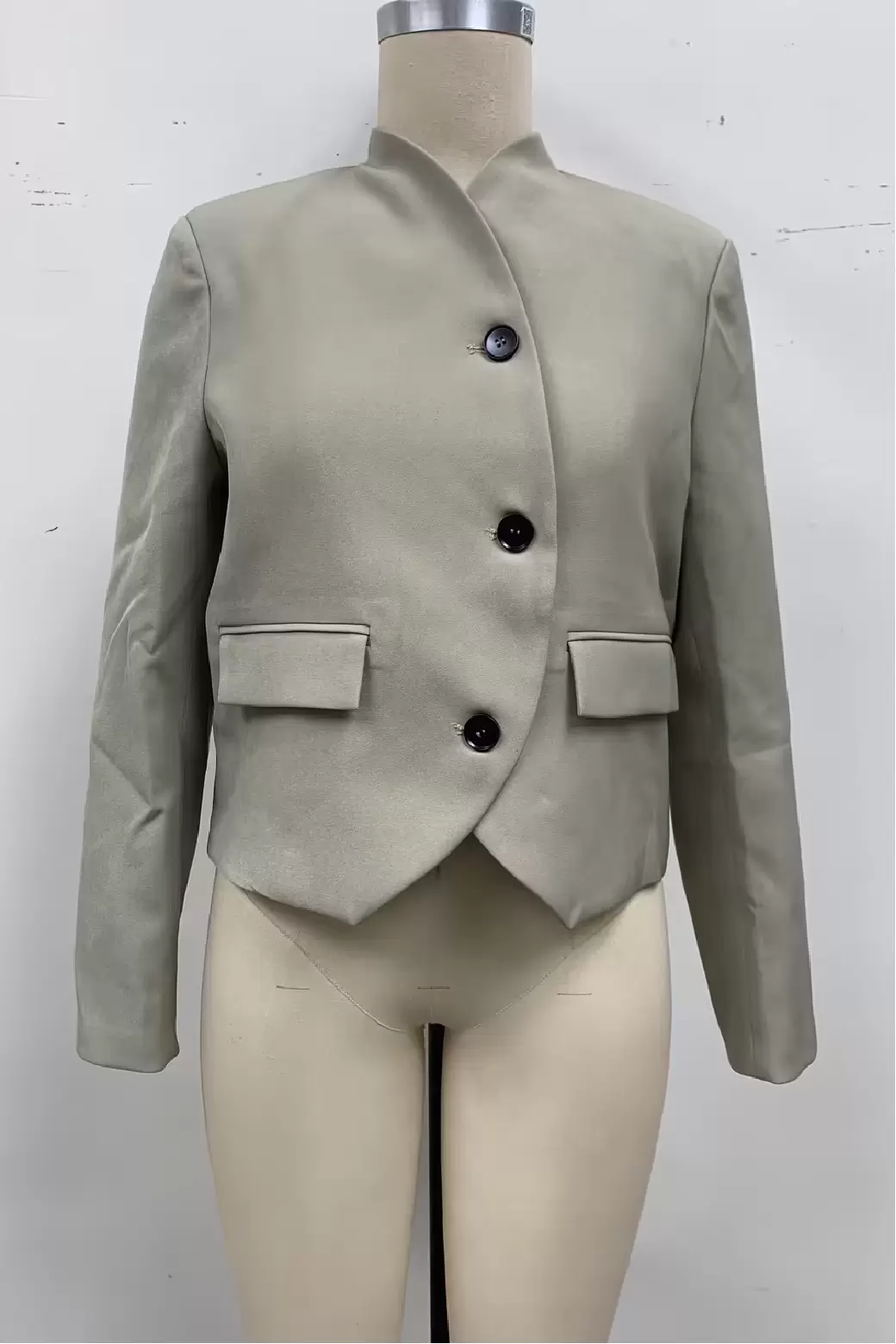 Women Beige Mandarin Collar Asymmetrical Button Cropped Blazer Jacket Long Sleeve Flap Pockets Short Coat Chinese Style