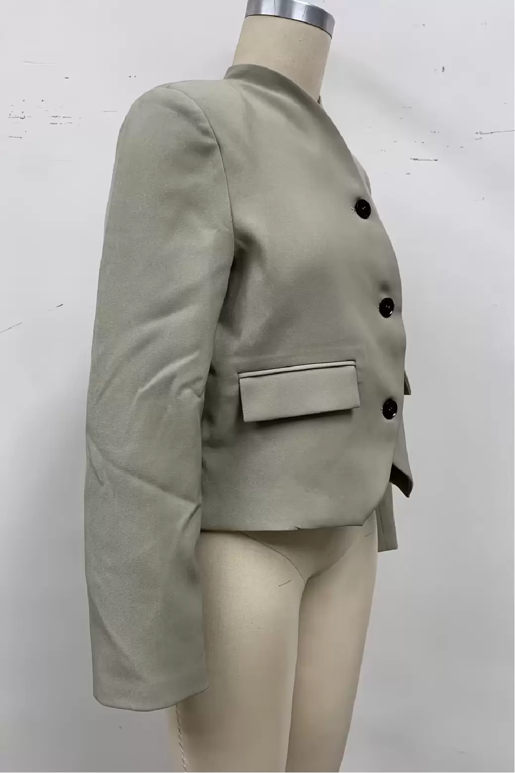 Women Beige Mandarin Collar Asymmetrical Button Cropped Blazer Jacket Long Sleeve Flap Pockets Short Coat Chinese Style