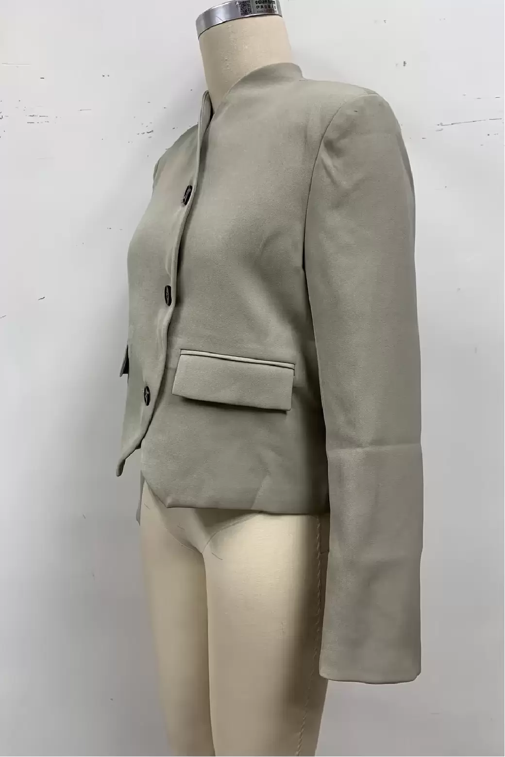 Women Beige Mandarin Collar Asymmetrical Button Cropped Blazer Jacket Long Sleeve Flap Pockets Short Coat Chinese Style