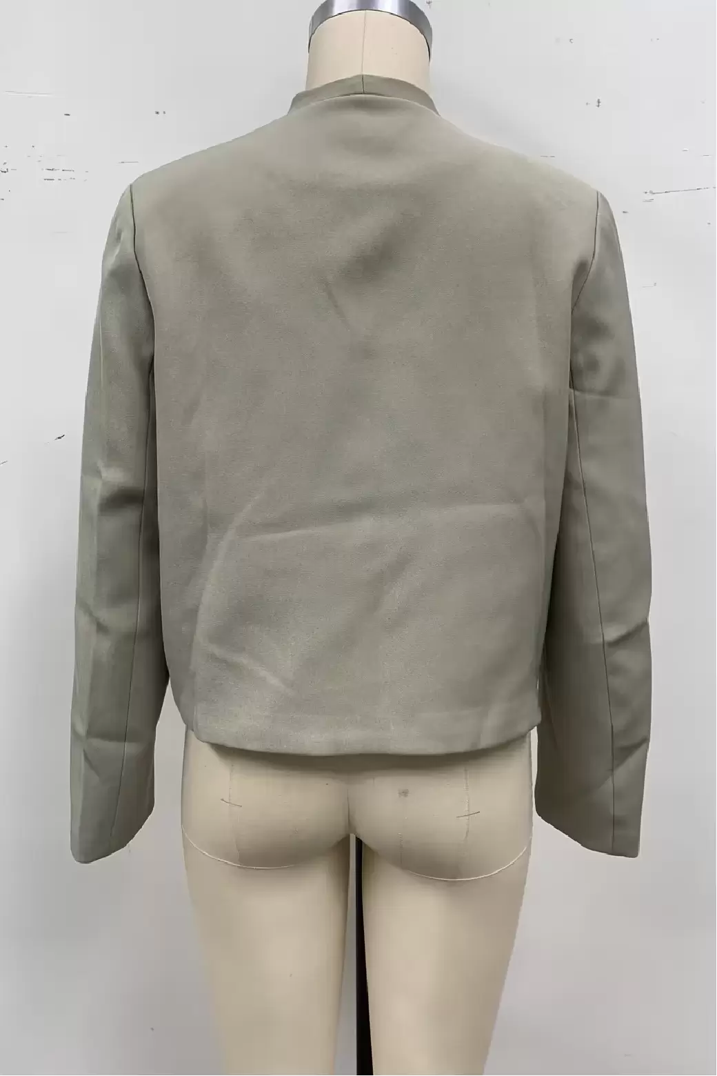 Women Beige Mandarin Collar Asymmetrical Button Cropped Blazer Jacket Long Sleeve Flap Pockets Short Coat Chinese Style