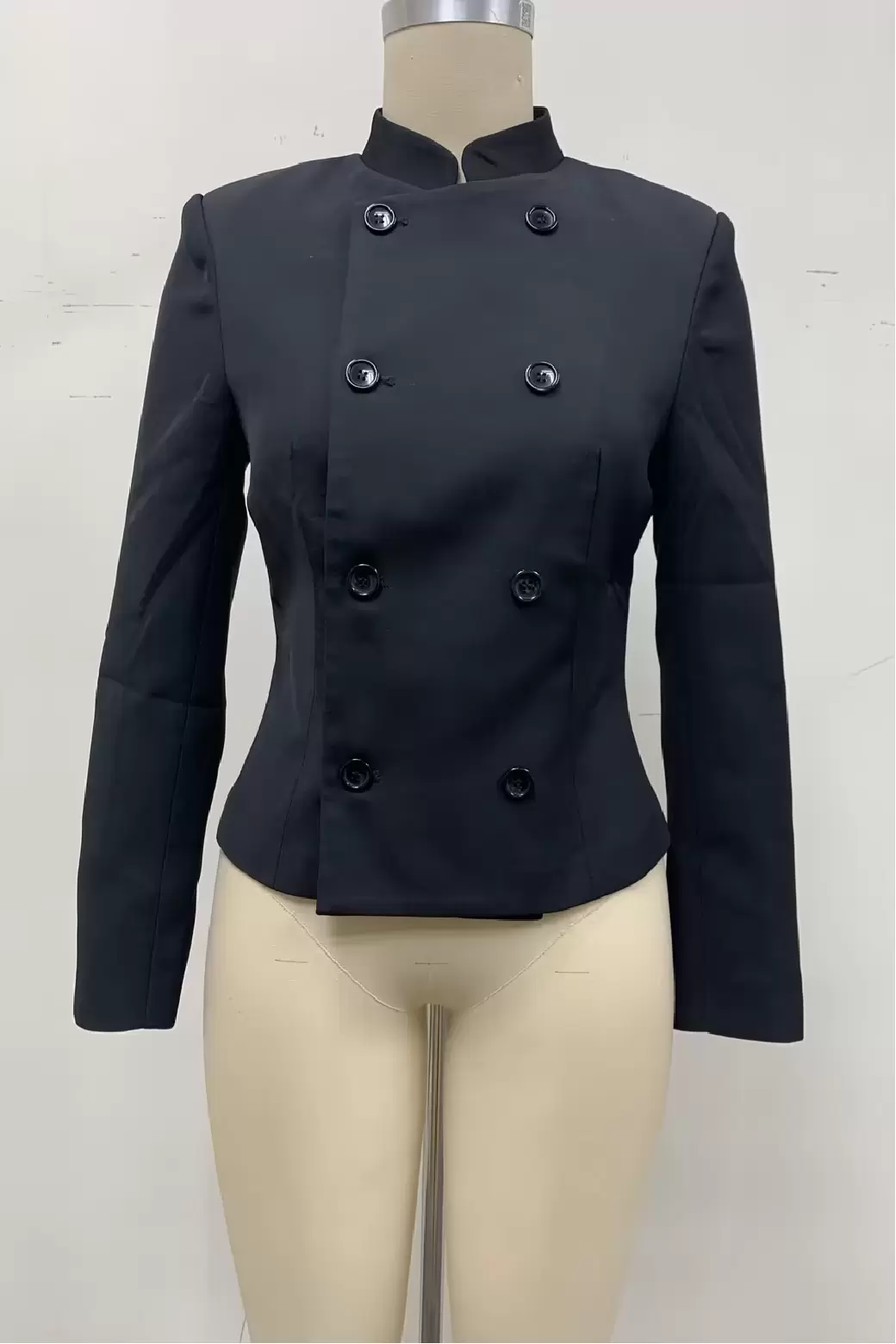 Women Black Double Breasted Mandarin Collar Blazer Jacket Frog Buttons Fitted Short Blazer Long Sleeve Crop Top