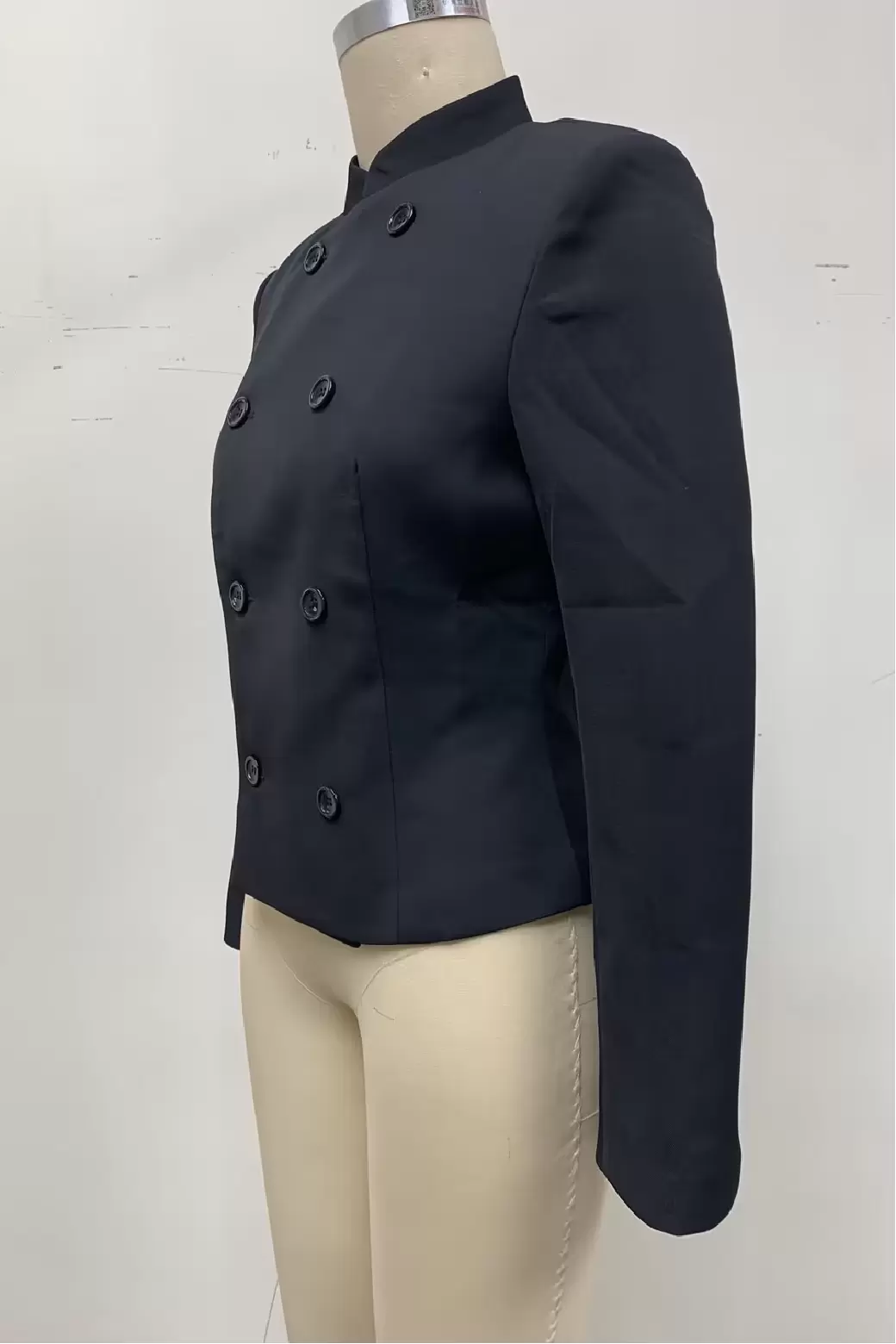 Women Black Double Breasted Mandarin Collar Blazer Jacket Frog Buttons Fitted Short Blazer Long Sleeve Crop Top