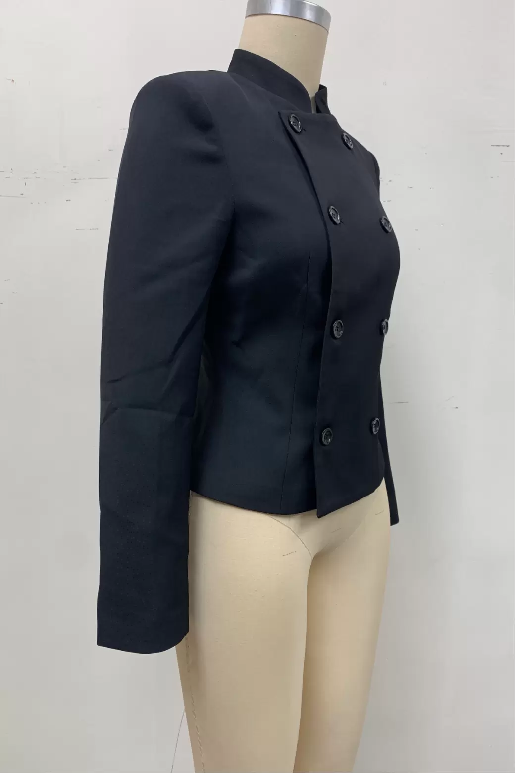 Women Black Double Breasted Mandarin Collar Blazer Jacket Frog Buttons Fitted Short Blazer Long Sleeve Crop Top