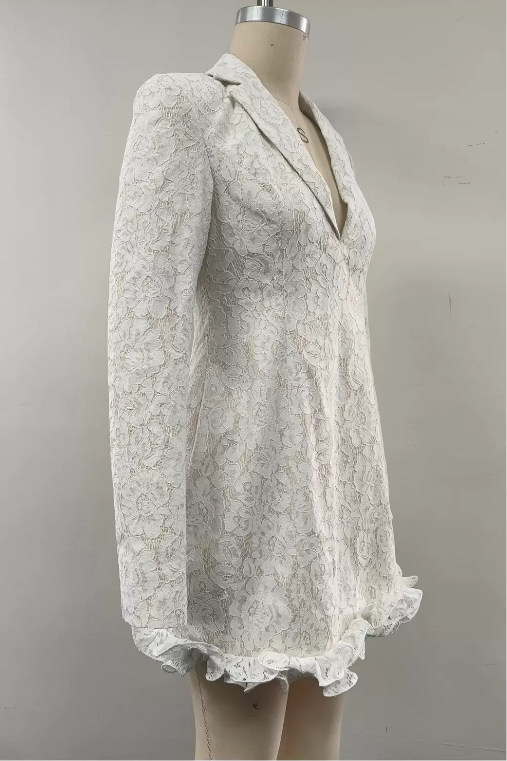 Women White Lace Blazer Mini Dress Notch Lapel Ruffle Hem Fitted Party Cocktail Dress