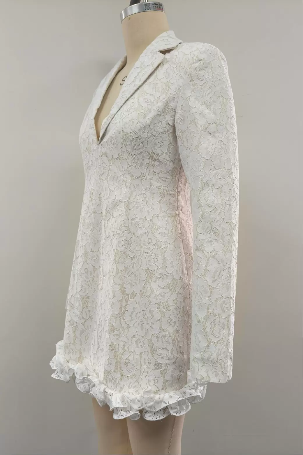 Women White Lace Blazer Mini Dress Notch Lapel Ruffle Hem Fitted Party Cocktail Dress