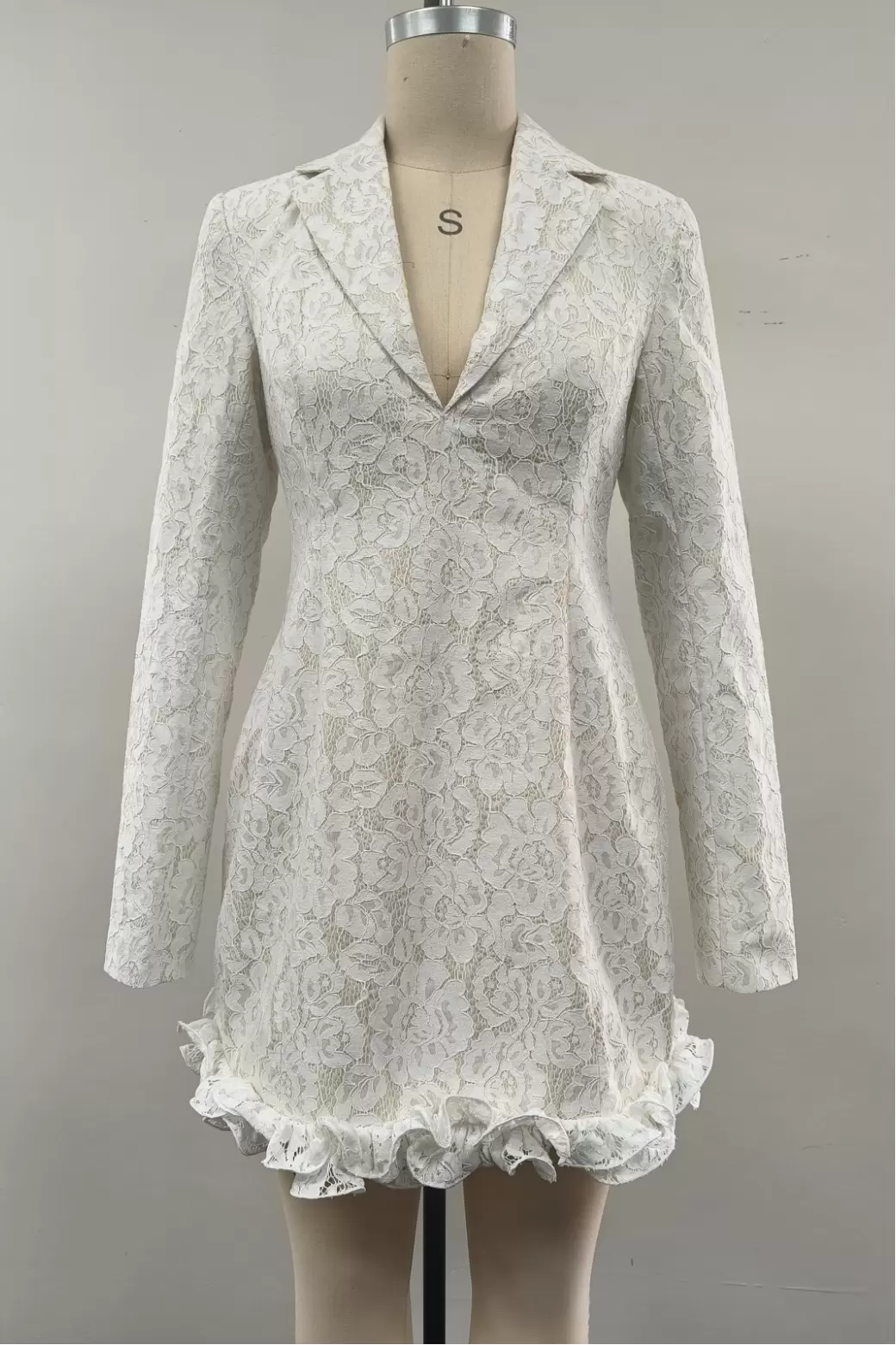 Women White Lace Blazer Mini Dress Notch Lapel Ruffle Hem Fitted Party Cocktail Dress