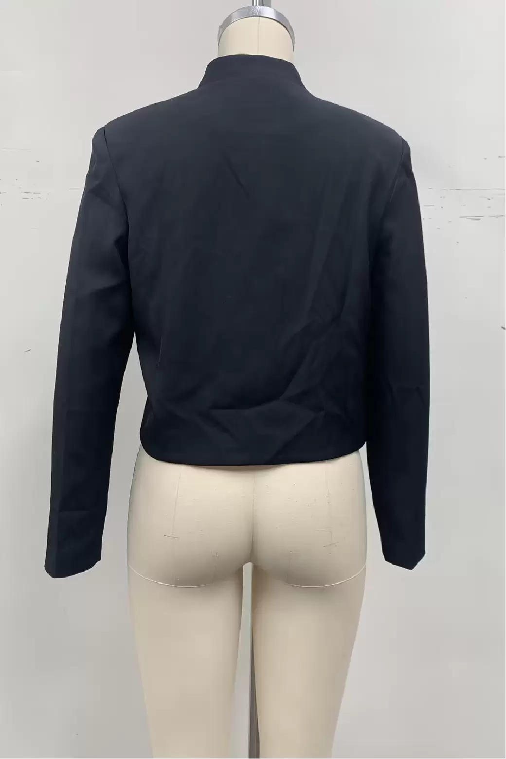 Women Black Cropped Mandarin Collar Frog Buttons Chinese Jacket Long Sleeve Asymmetrical Hem Short Blazer