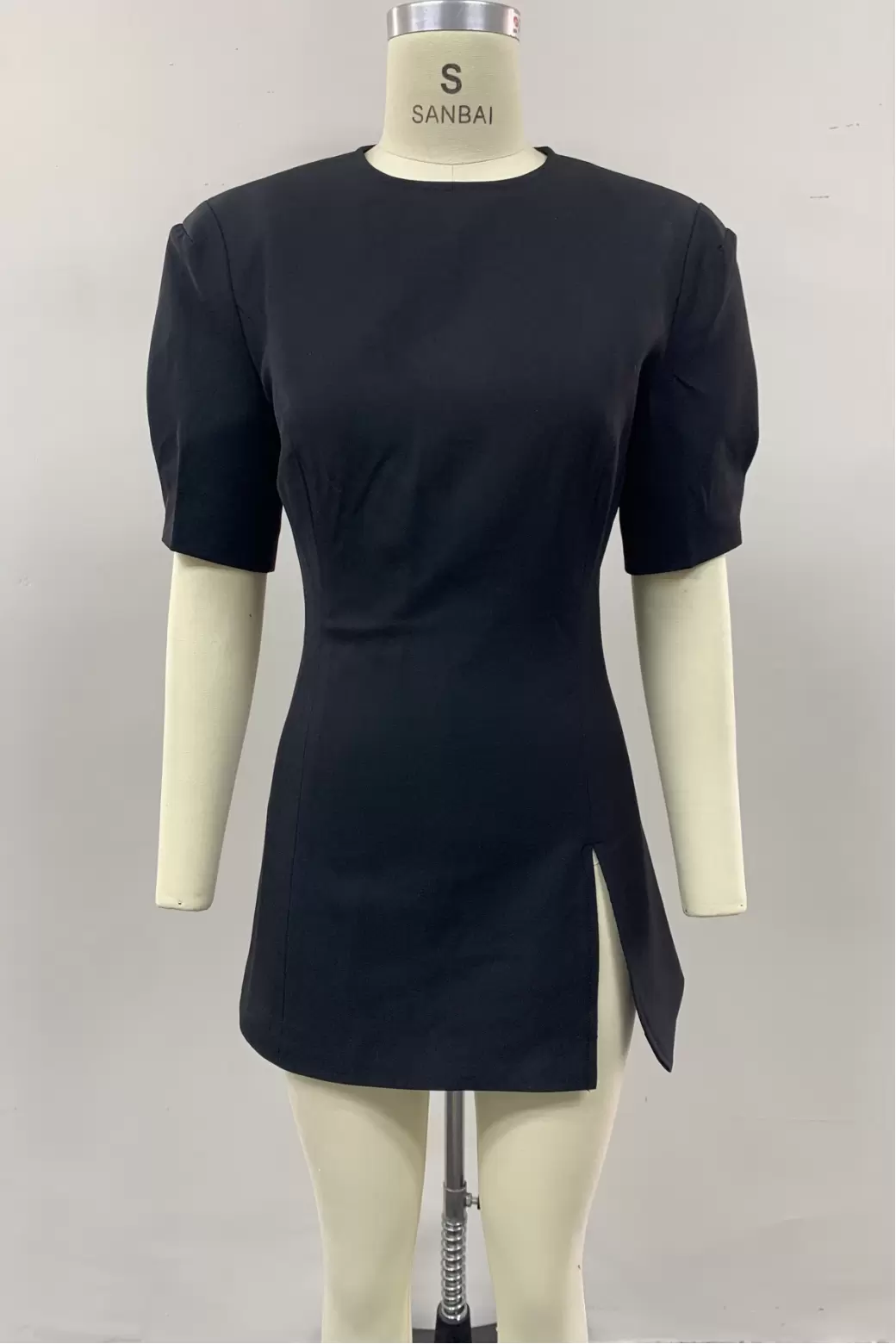 Women's Elegant Black Short Sleeve Dress - Round Neck Puff Sleeves Asymmetric Hem Slim Fit Cocktail Party Midi Dress