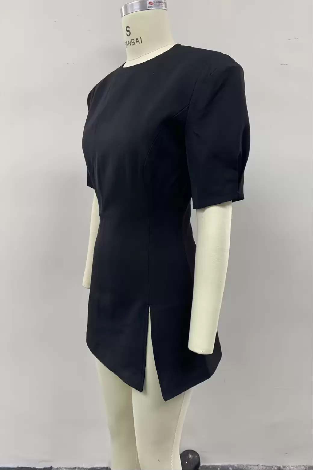 Women's Elegant Black Short Sleeve Dress - Round Neck Puff Sleeves Asymmetric Hem Slim Fit Cocktail Party Midi Dress