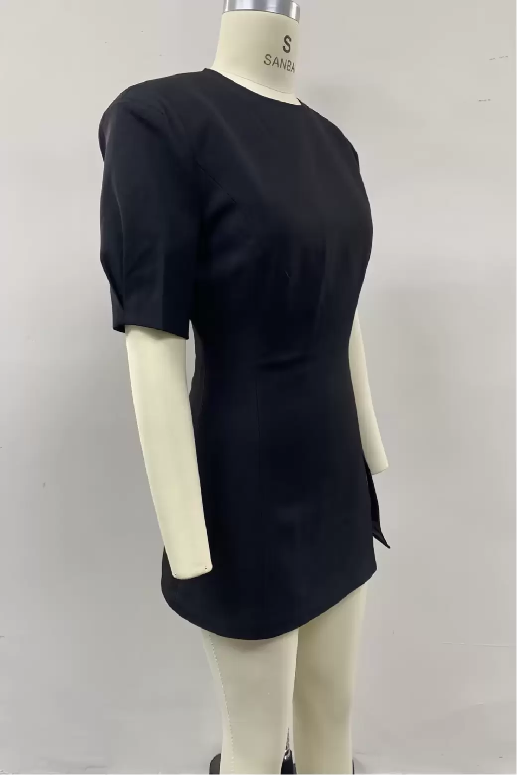Women's Elegant Black Short Sleeve Dress - Round Neck Puff Sleeves Asymmetric Hem Slim Fit Cocktail Party Midi Dress