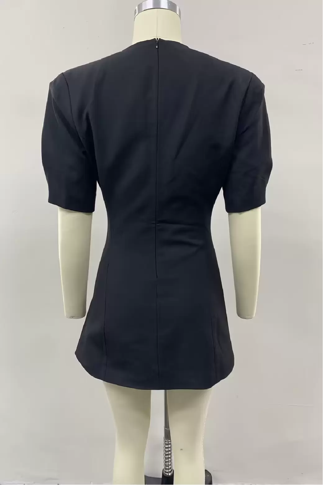Women's Elegant Black Short Sleeve Dress - Round Neck Puff Sleeves Asymmetric Hem Slim Fit Cocktail Party Midi Dress