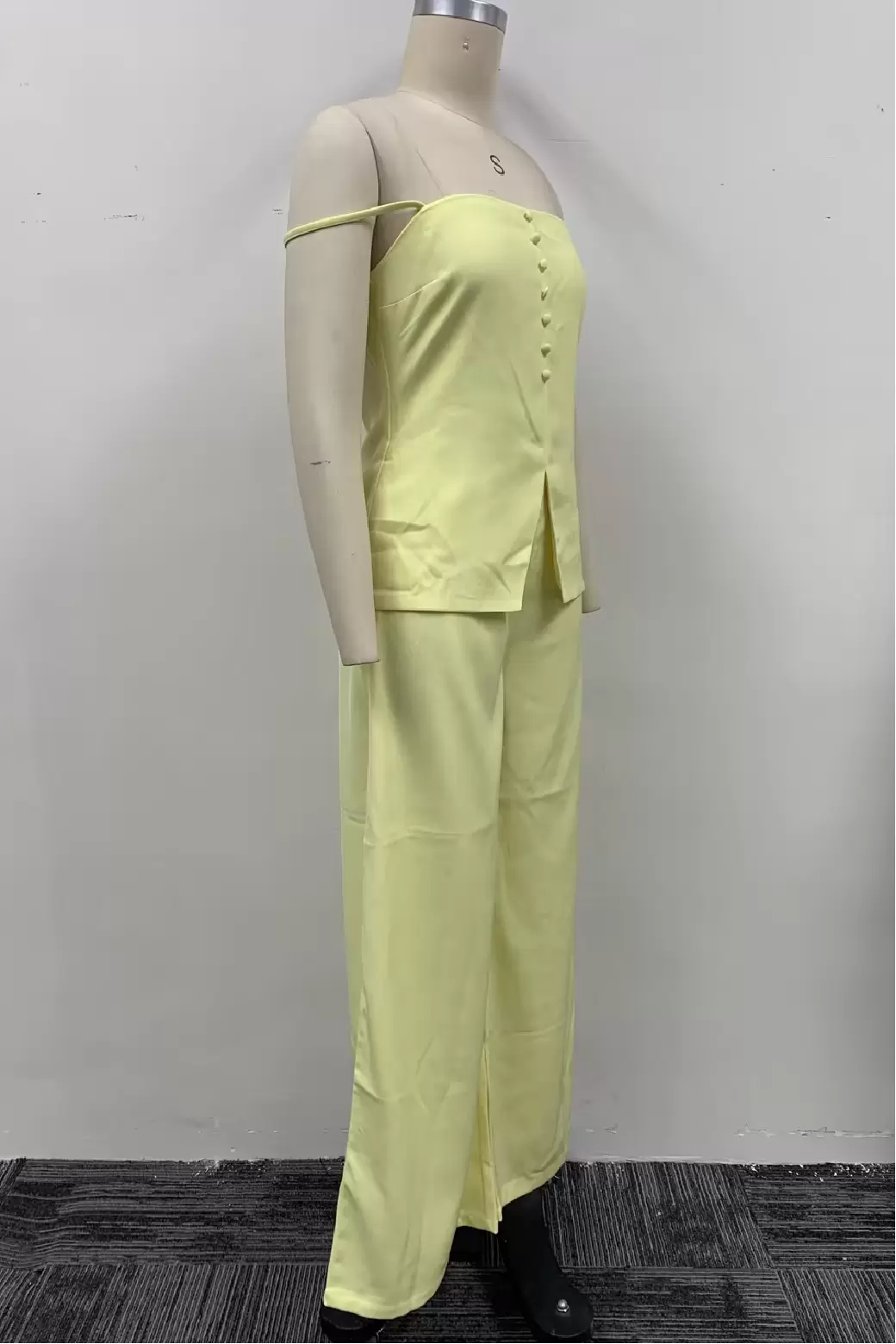 Women Yellow Off Shoulder Button Peplum Top Wide Leg Pants 2 Piece Set High Waist Outfit