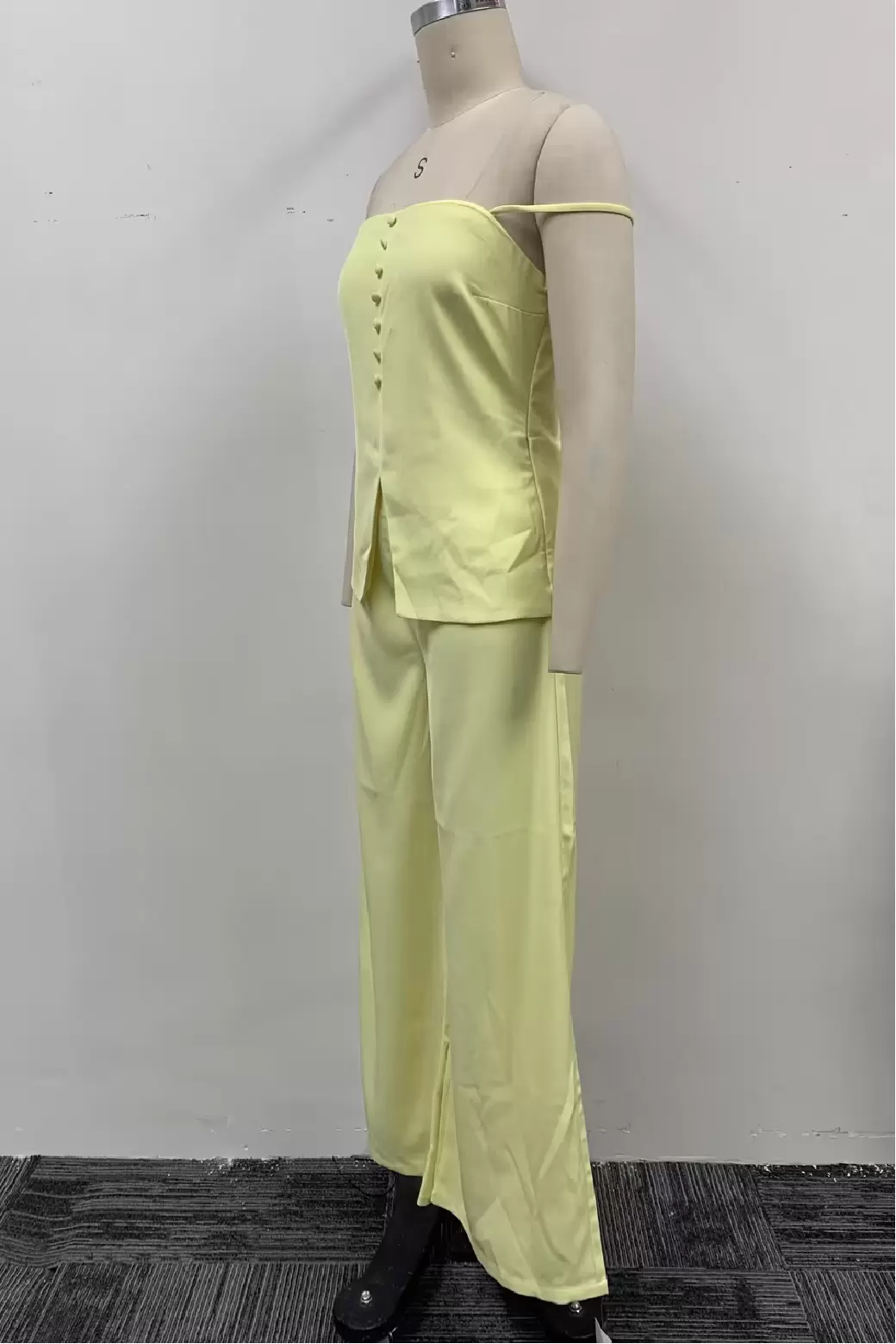 Women Yellow Off Shoulder Button Peplum Top Wide Leg Pants 2 Piece Set High Waist Outfit