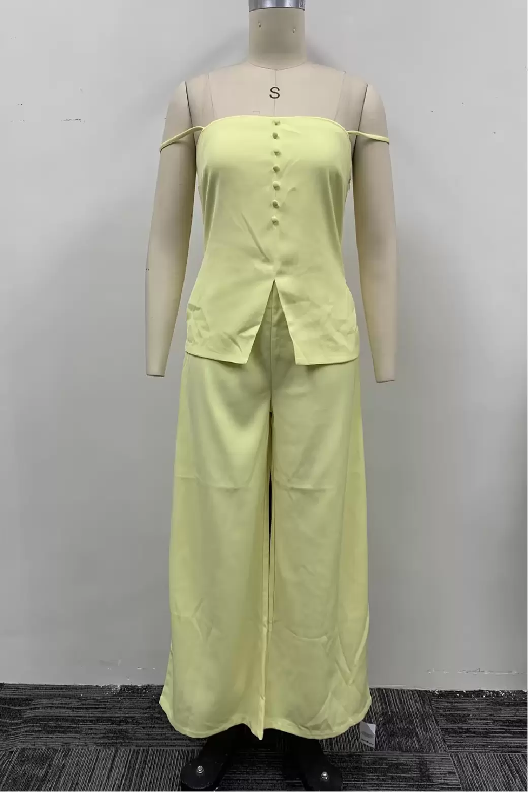 Women Yellow Off Shoulder Button Peplum Top Wide Leg Pants 2 Piece Set High Waist Outfit