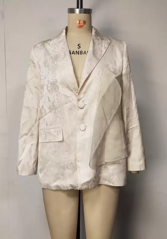 Women Beige Jacquard Blazer Slim Fit Long Sleeve V Neck Double Breasted Button Elegant Party Evening Jacket
