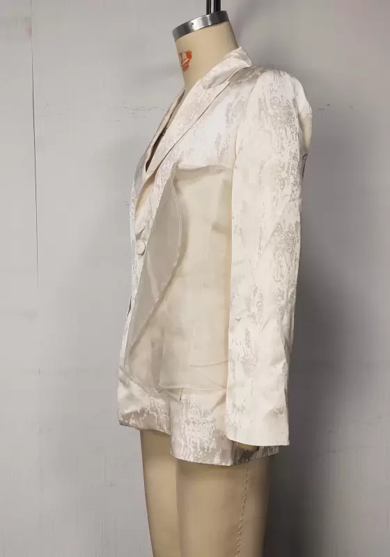 Women Beige Jacquard Blazer Slim Fit Long Sleeve V Neck Double Breasted Button Elegant Party Evening Jacket