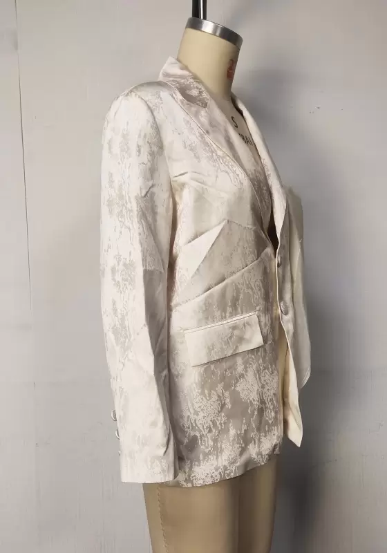 Women Beige Jacquard Blazer Slim Fit Long Sleeve V Neck Double Breasted Button Elegant Party Evening Jacket