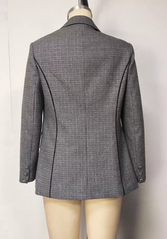 Women Grey Plaid Blazer Slim Fit Long Sleeve Notched Lapel Single Breasted Elegant Jacket
