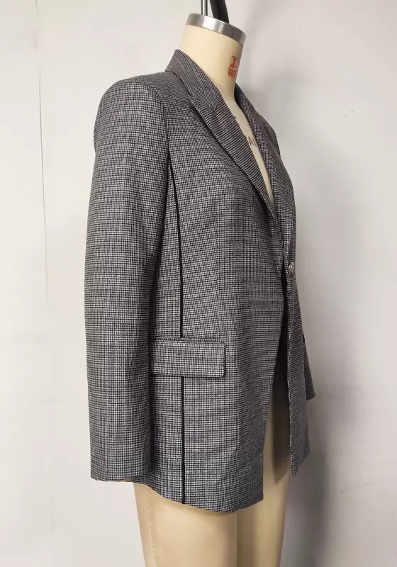 Women Grey Plaid Blazer Slim Fit Long Sleeve Notched Lapel Single Breasted Elegant Jacket