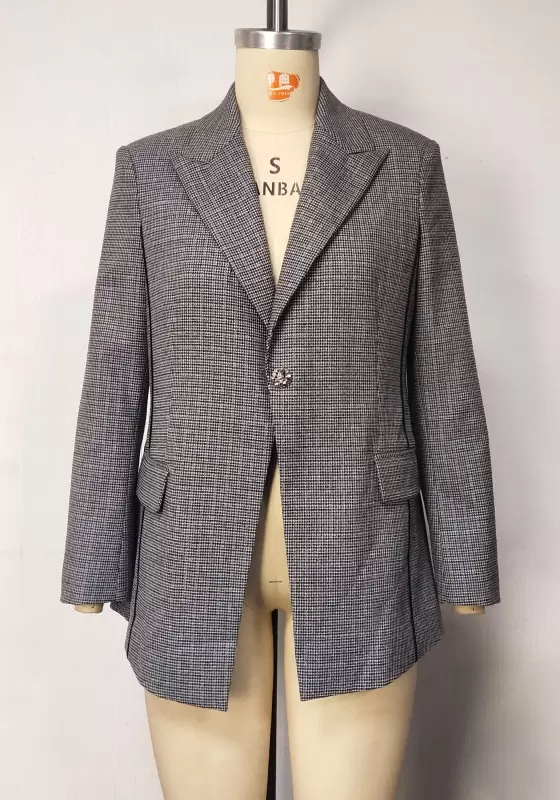 Women Grey Plaid Blazer Slim Fit Long Sleeve Notched Lapel Single Breasted Elegant Jacket