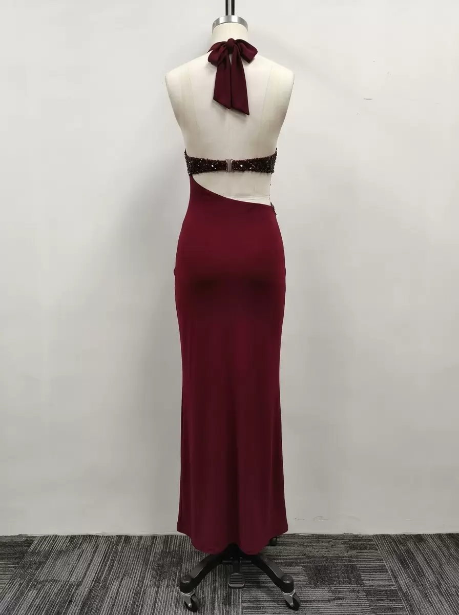 Women's Wine Red Sequin Halter Evening Dress Cutout Backless Maxi Dress