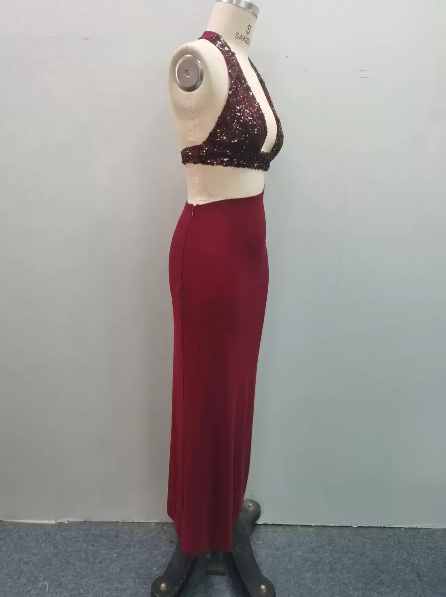 Women's Wine Red Sequin Halter Evening Dress Cutout Backless Maxi Dress