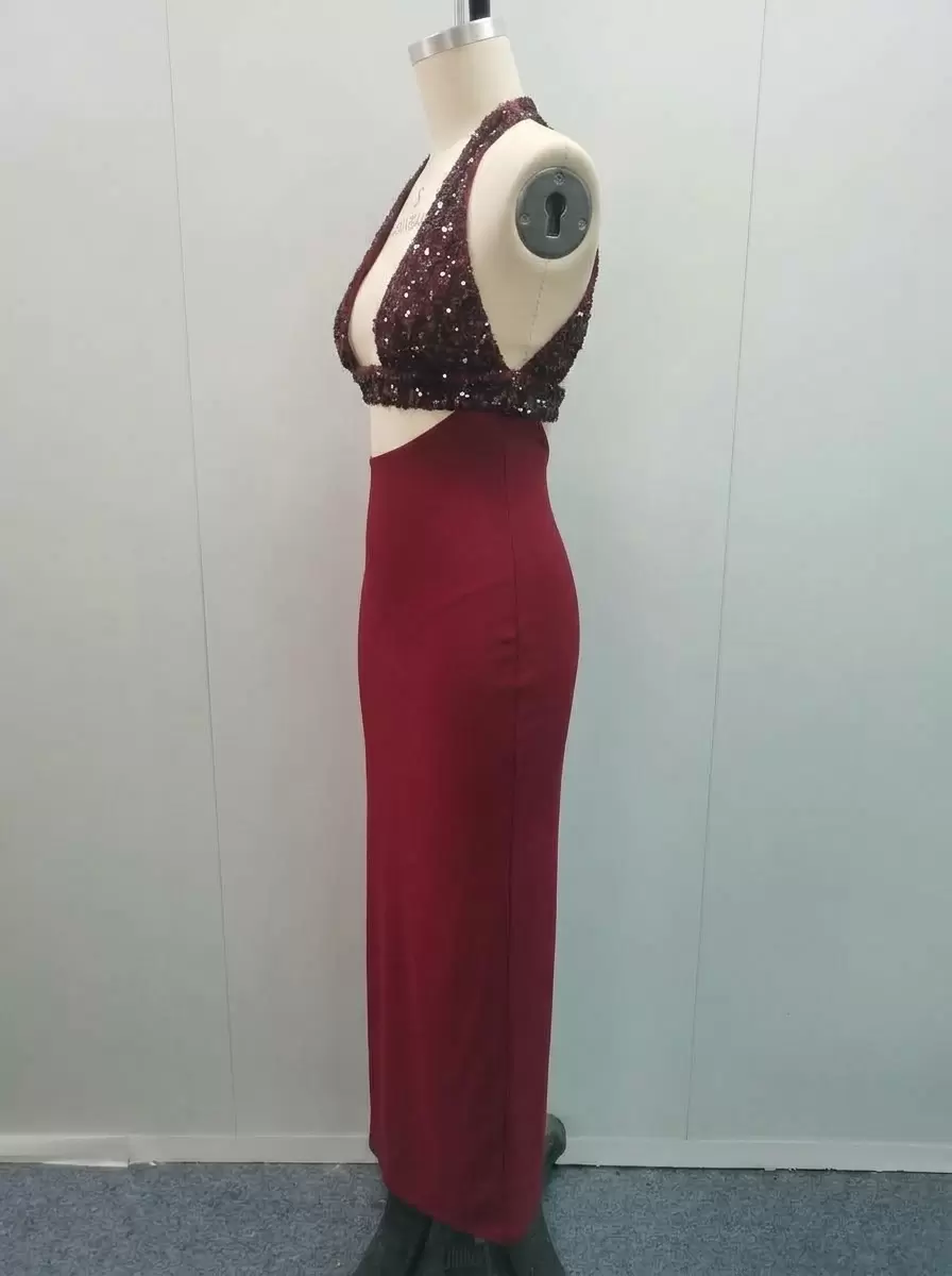 Women's Wine Red Sequin Halter Evening Dress Cutout Backless Maxi Dress