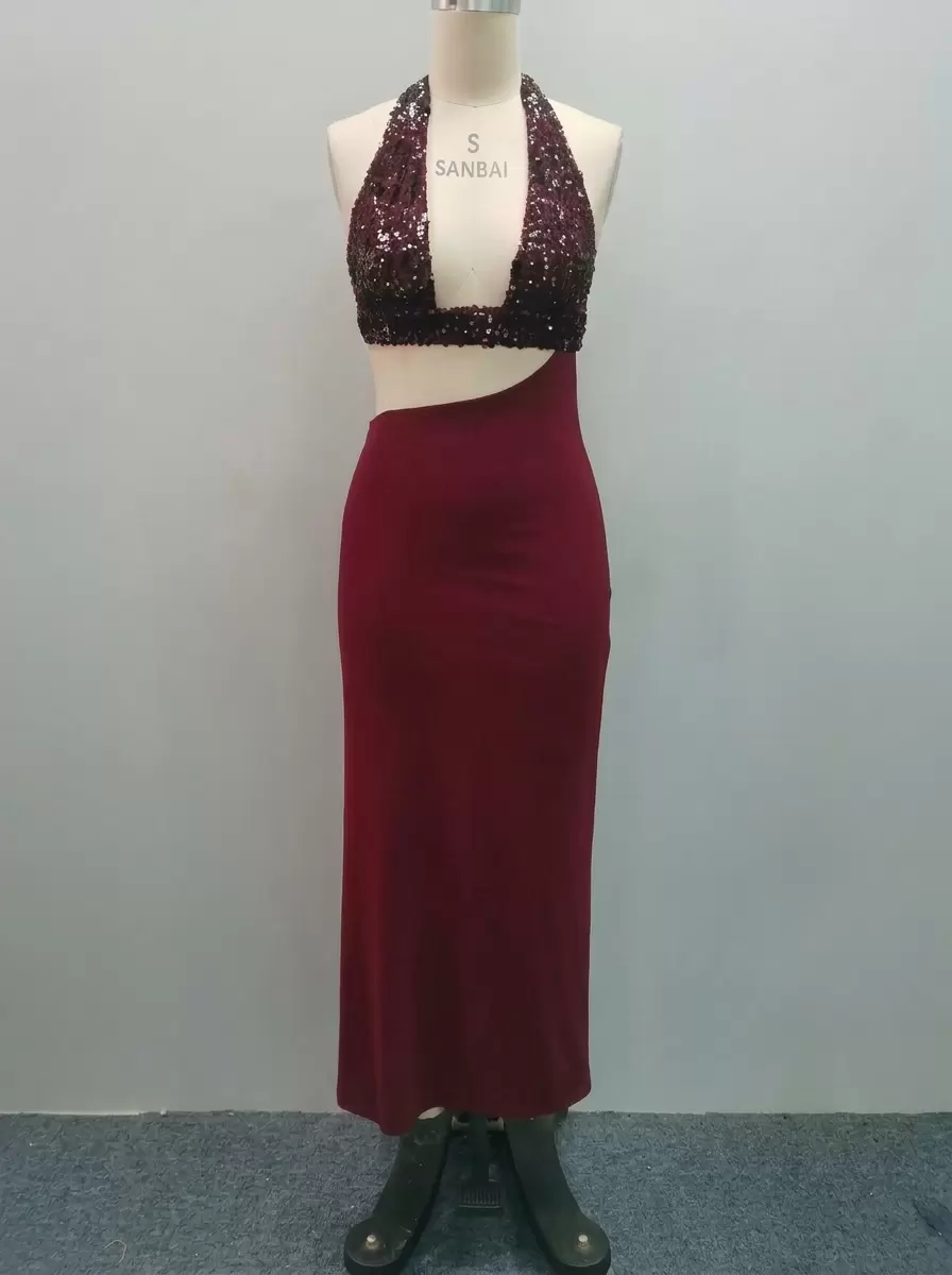 Women's Wine Red Sequin Halter Evening Dress Cutout Backless Maxi Dress