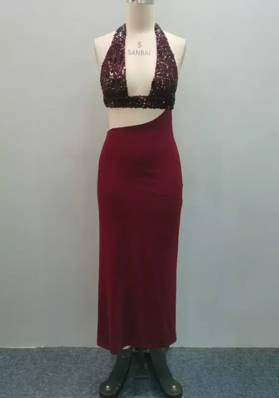 Women's Wine Red Sequin Halter Evening Dress Cutout Backless Maxi Dress