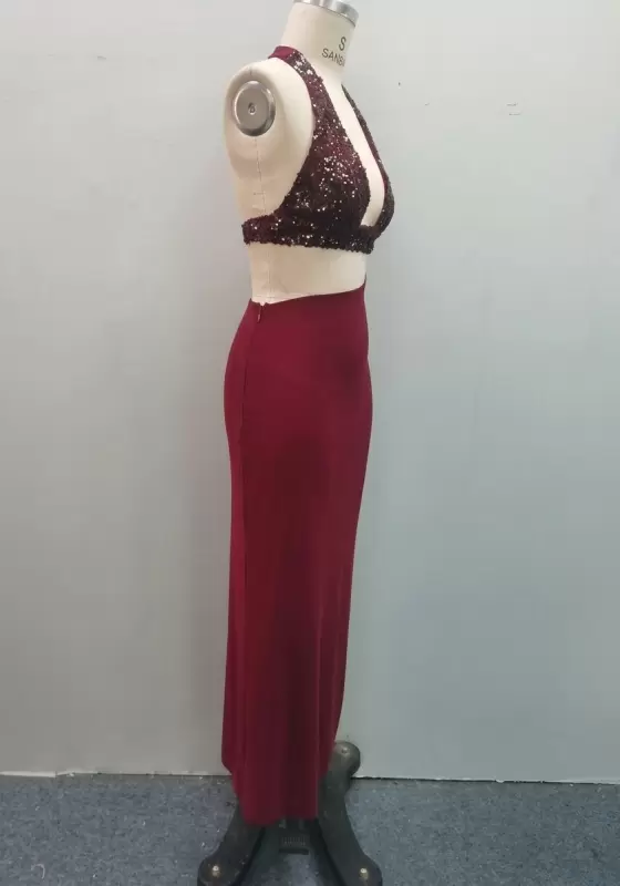 Women's Wine Red Sequin Halter Evening Dress Cutout Backless Maxi Dress