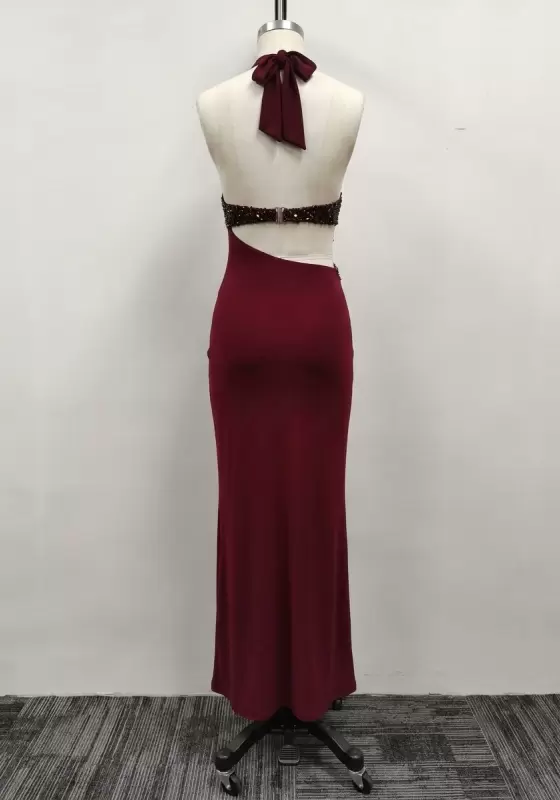 Women's Wine Red Sequin Halter Evening Dress Cutout Backless Maxi Dress