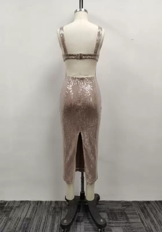 Women Champagne Sequin Square Neck Sleeveless Open Back Slit Maxi Dress