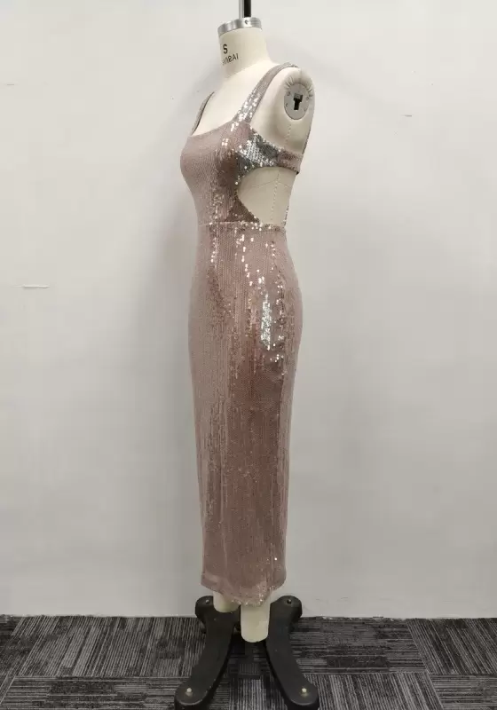 Women Champagne Sequin Square Neck Sleeveless Open Back Slit Maxi Dress