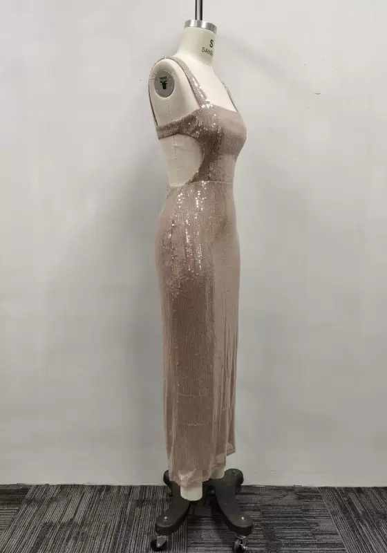 Women Champagne Sequin Square Neck Sleeveless Open Back Slit Maxi Dress